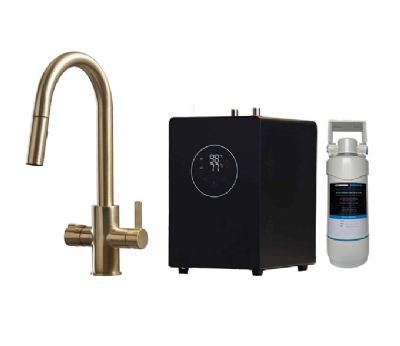 EVO PLATINUM/450 SERIES 4 IN 1 BRUSHED GOLD BOILING WATER MONO DUAL LEVER SWAN NECK PULL-OUT KITCHEN SINK MIXER TAP with SWIVEL SPOUT, BWT455BG EVO PLATINUM/450 SERIES 4 IN 1 BRUSHED GOLD BOILING WATER MONO DUAL LEVER SWAN NECK PULL-OUT KITCHEN SINK MIXER TAP with SWIVEL SPOUT, BWT455BG
